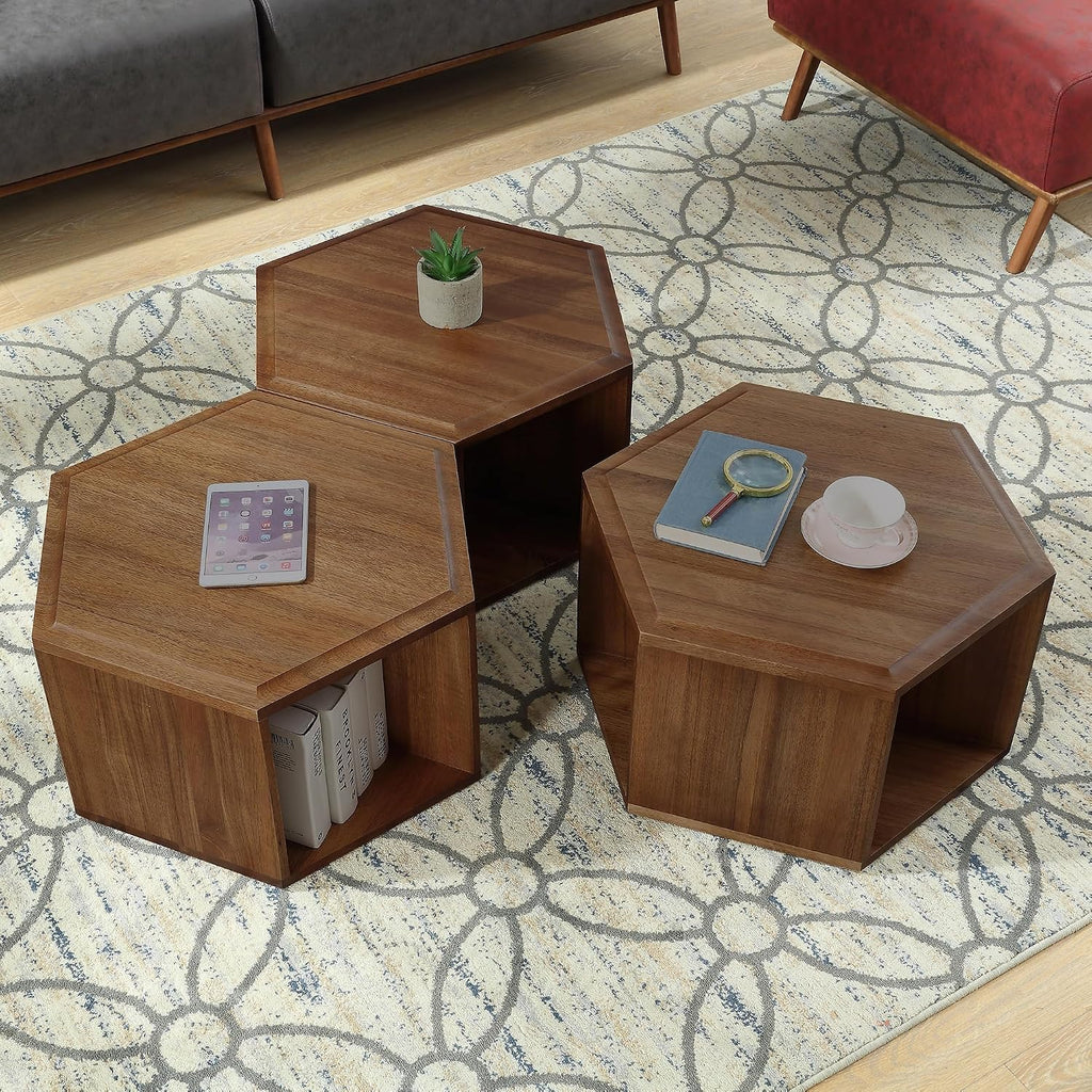LEEMTORIG Hexagonal Narrow Solid Wood End Table, Multi Purpose Coffee Table with 2-Tier Storage Shelves, Modern Cherry Walnut Side Table for Living Room, 22.3" Dx13.9 Wx19.4 H, No Assembly, CJ-005