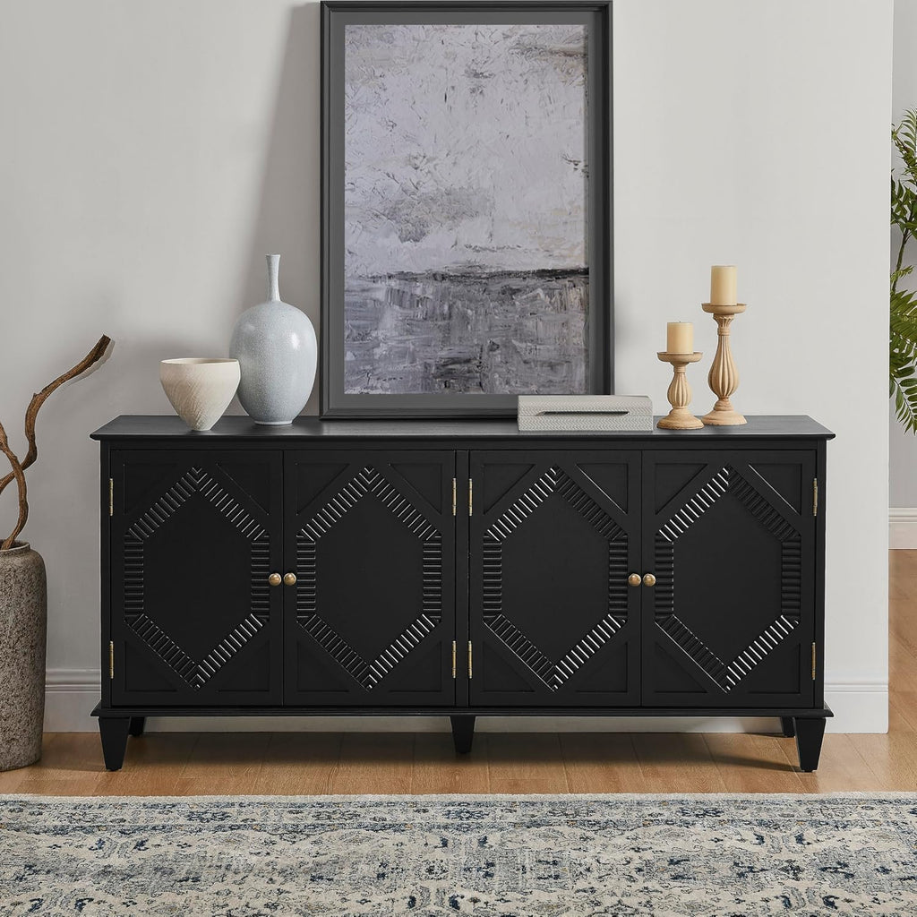 KEIKI 65.2" Mid Century Modern Sideboard Buffet Cabinet with Storage, Walnut Credenza Console Table with Adjustable Shelf, Farmhouse Coffee Bar Wine Cabinet for Living Room, Entryway, Kitchen, Black