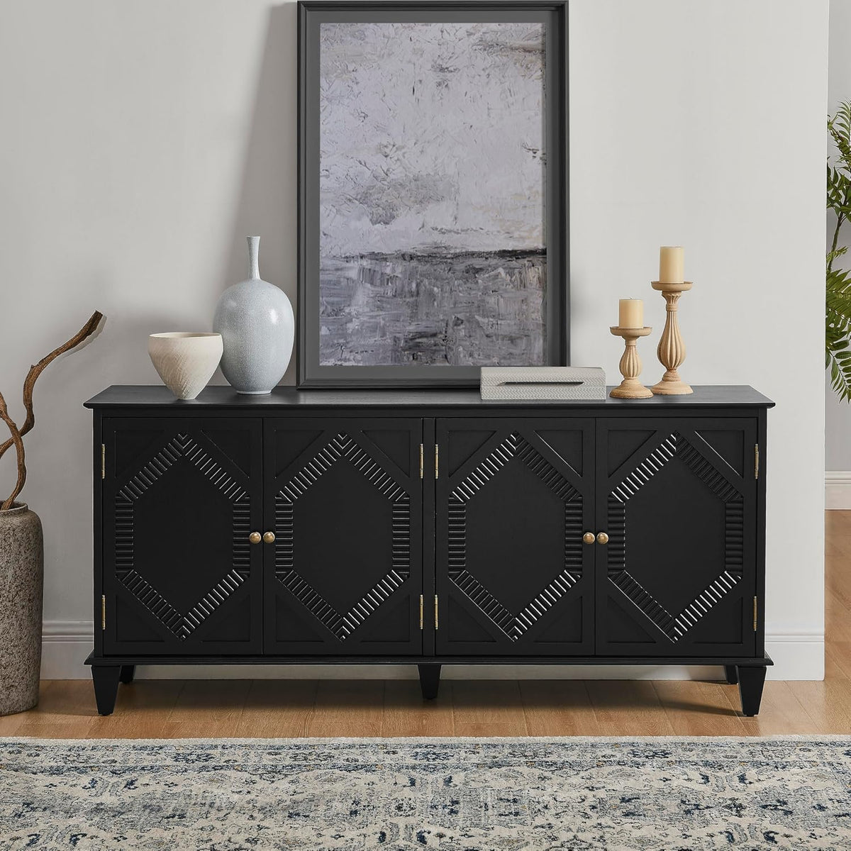 KEIKI 65.2" Mid Century Modern Sideboard Buffet Cabinet with Storage, Walnut Credenza Console Table with Adjustable Shelf, Farmhouse Coffee Bar Wine Cabinet for Living Room, Entryway, Kitchen, Black