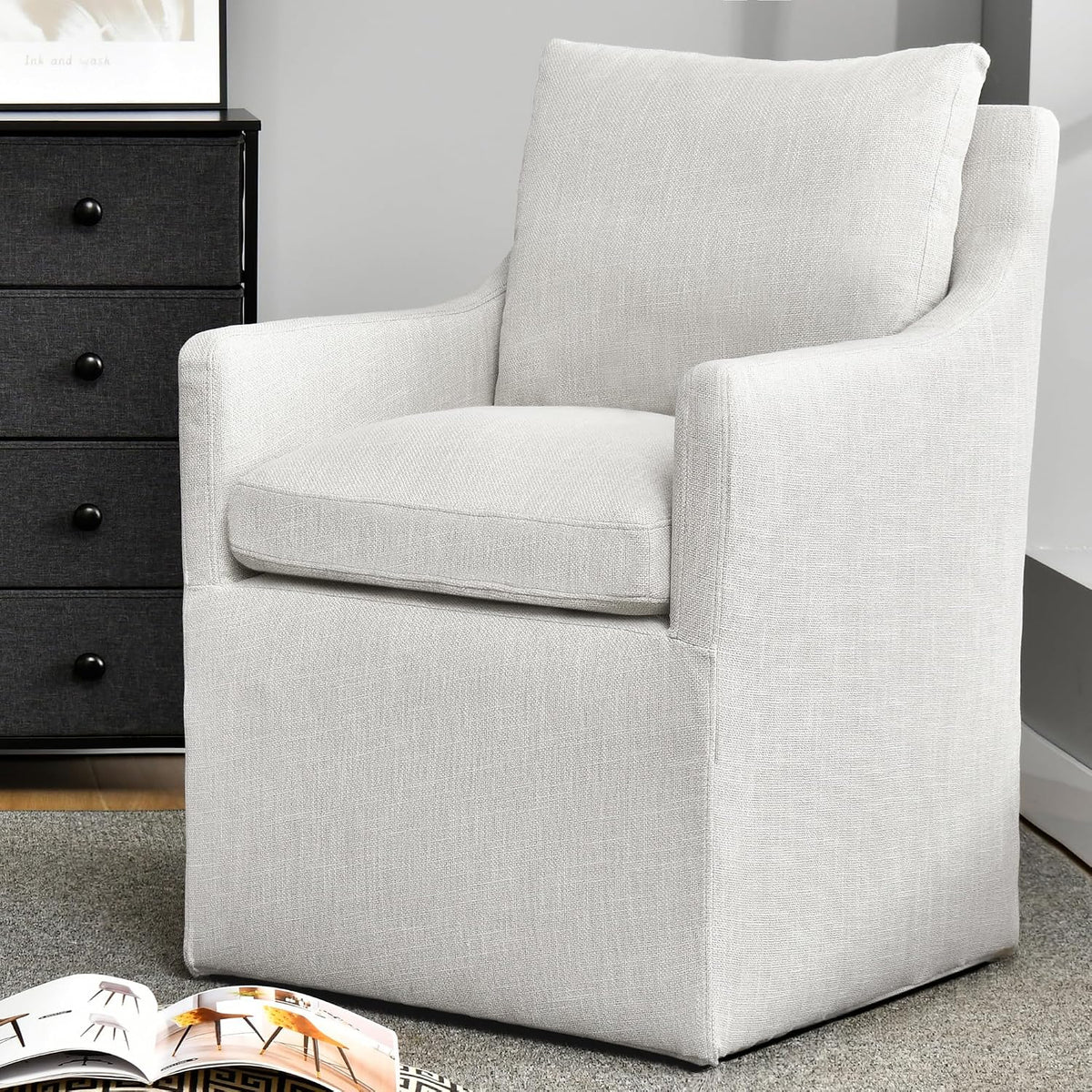 DUHOME Upholstered Dining Chair,Linen Accent Chair for Living Room,Single Sofa with 4 Casters,Upholstered Armchair for Bedroom Reading Waiting Kitchen Dining Room