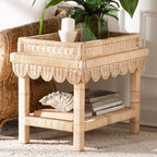 Bali & pari Weyman Scalloped Rattan End Table with Removable Tray Top - Handwoven Rattan Accent Table with Shelf, Coastal Boho Style Side Table for Living Room or Bedroom