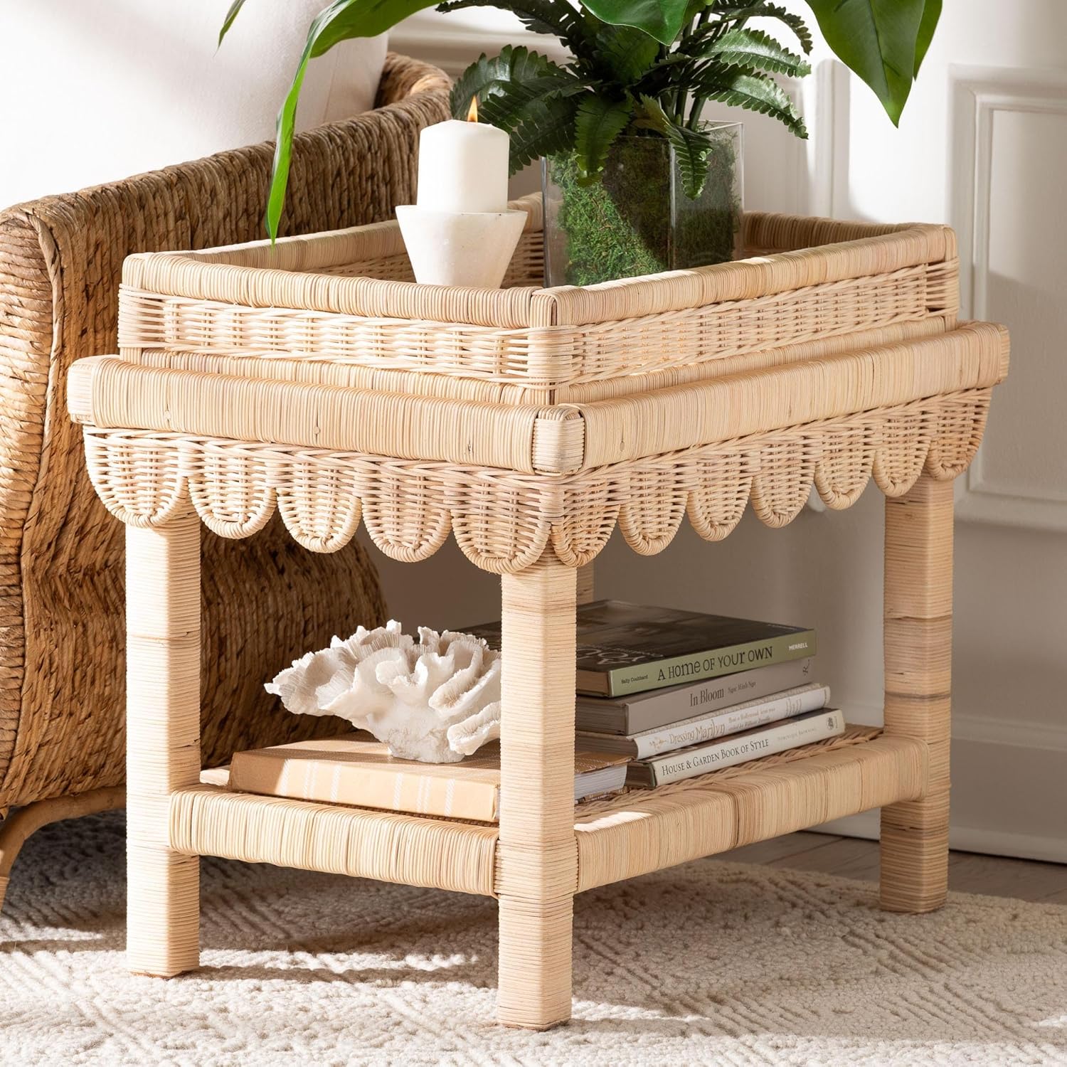 Bali & pari Weyman Scalloped Rattan End Table with Removable Tray Top - Handwoven Rattan Accent Table with Shelf, Coastal Boho Style Side Table for Living Room or Bedroom