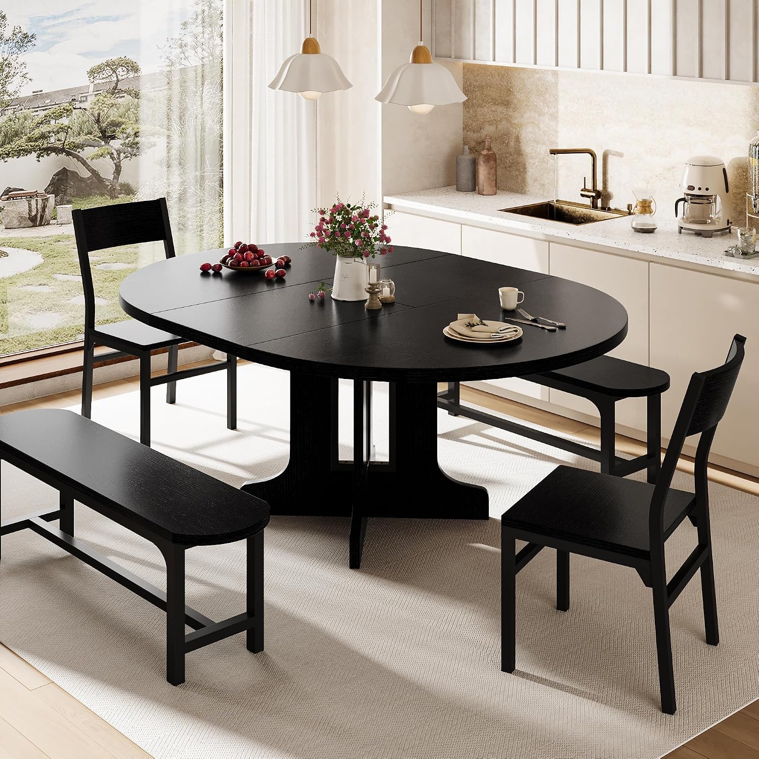 iPormis 5-Piece Round Dining Table Set for 4-6, 59" Extendable Dining Room Table Set with 2 Ergonomic Chairs & 2 Benches, Oval Modern Dinette Table with Metal Frame & MDF Board, Space-Saving, Black