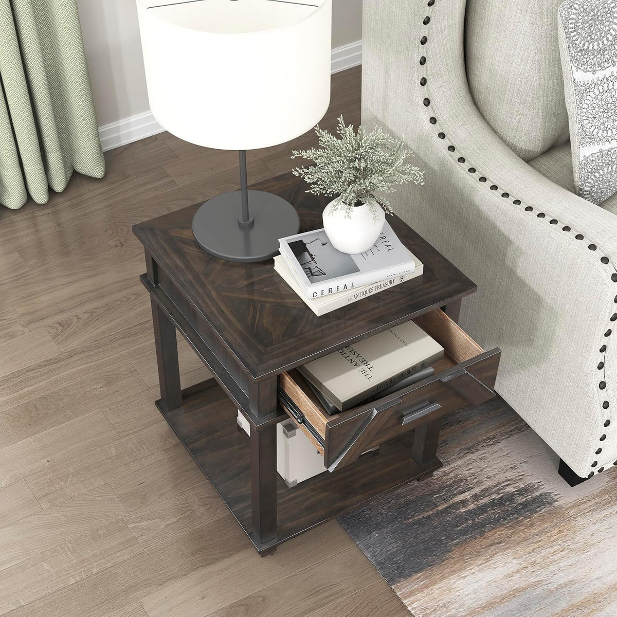 Lexicon Rectangle Wood End Table with Drawer and Lower Open Shelf, Pine Wood Veneer Small Side Table for Contemporary Living Room/Bedroom, Easy Assembled, Brown