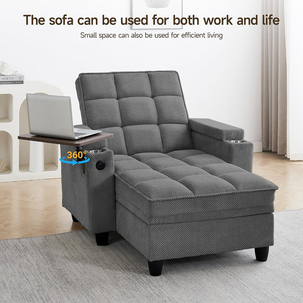 41.7" Oversized Chaise Lounge Chair Indoor, 3-in-1 Convertible Sleeper Lounger with Adjustable Backrest, Deep Seat Reading Chair with Armrest Storage, Swivel Table & Cup Holders (41.7" Dark gray)