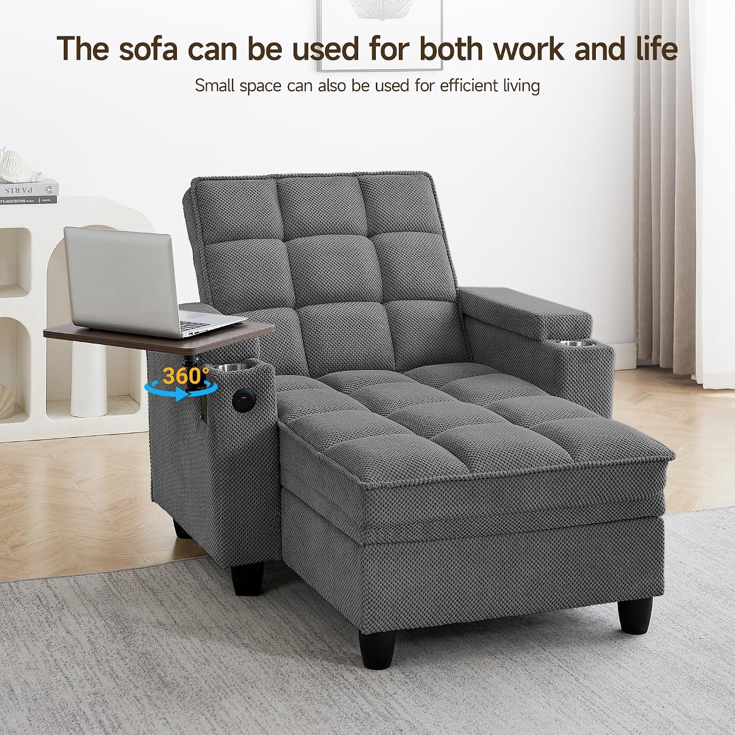 41.7" Oversized Chaise Lounge Chair Indoor, 3-in-1 Convertible Sleeper Lounger with Adjustable Backrest, Deep Seat Reading Chair with Armrest Storage, Swivel Table & Cup Holders (41.7" Dark gray)