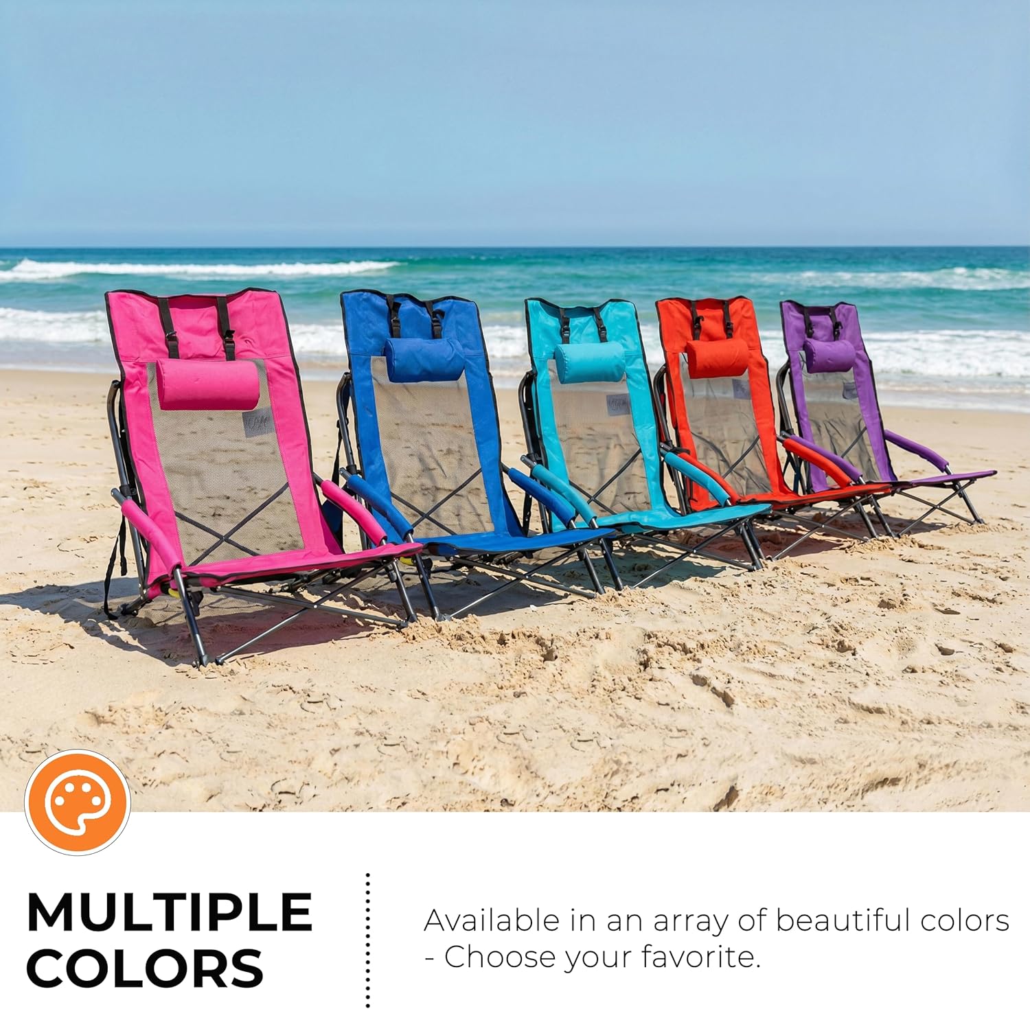 Beach Chairs for Adults Blue 1 Pack | High Back, Low Profile, 22.5'' Wide, Headrest, Breathable Mesh, Portable, Outdoor, Beach, Concert