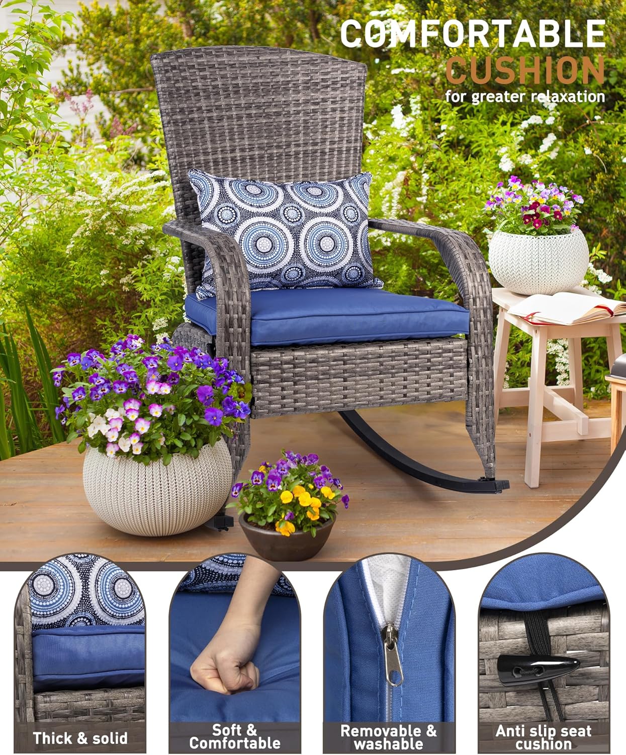 Outdoor Rocking Chairs Set of 2, Patio Rocker Chairs with Cushions & Steel Frame, All Weather Porch Rocking Chairs for Garden, Backyard, Poolside (Grey Rattan & Navy Blue Cushion, 320lbs)