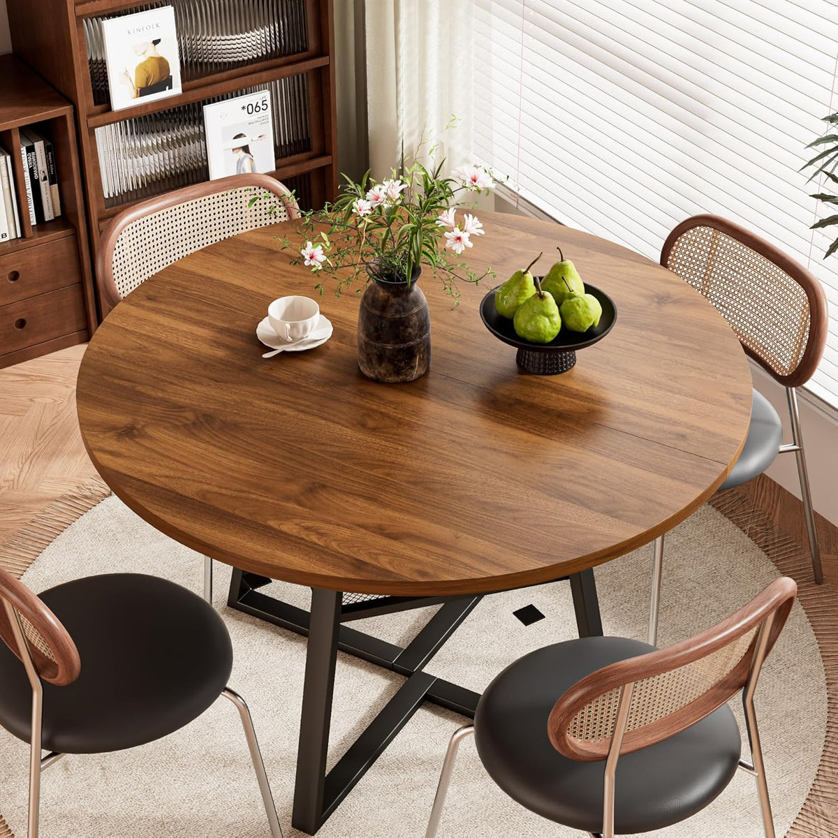 47 Inch Round Dining Table for 4-6, Space Saving Circle Kitchen Table with Storage, Mid Century Modern Dinner Table with Metal Legs, Wooden Farmhouse Dining Room Table for Living Room, Walnut