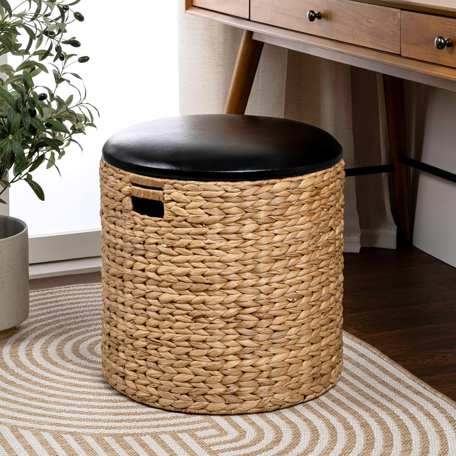 happimess SSL1003B Josie 18" Modern Coastal Hand-Woven Hyacinth Storage Ottoman with Lid, Foot Rest for Living Room, Bedroom, Entryway, Foyer, Natural/Black