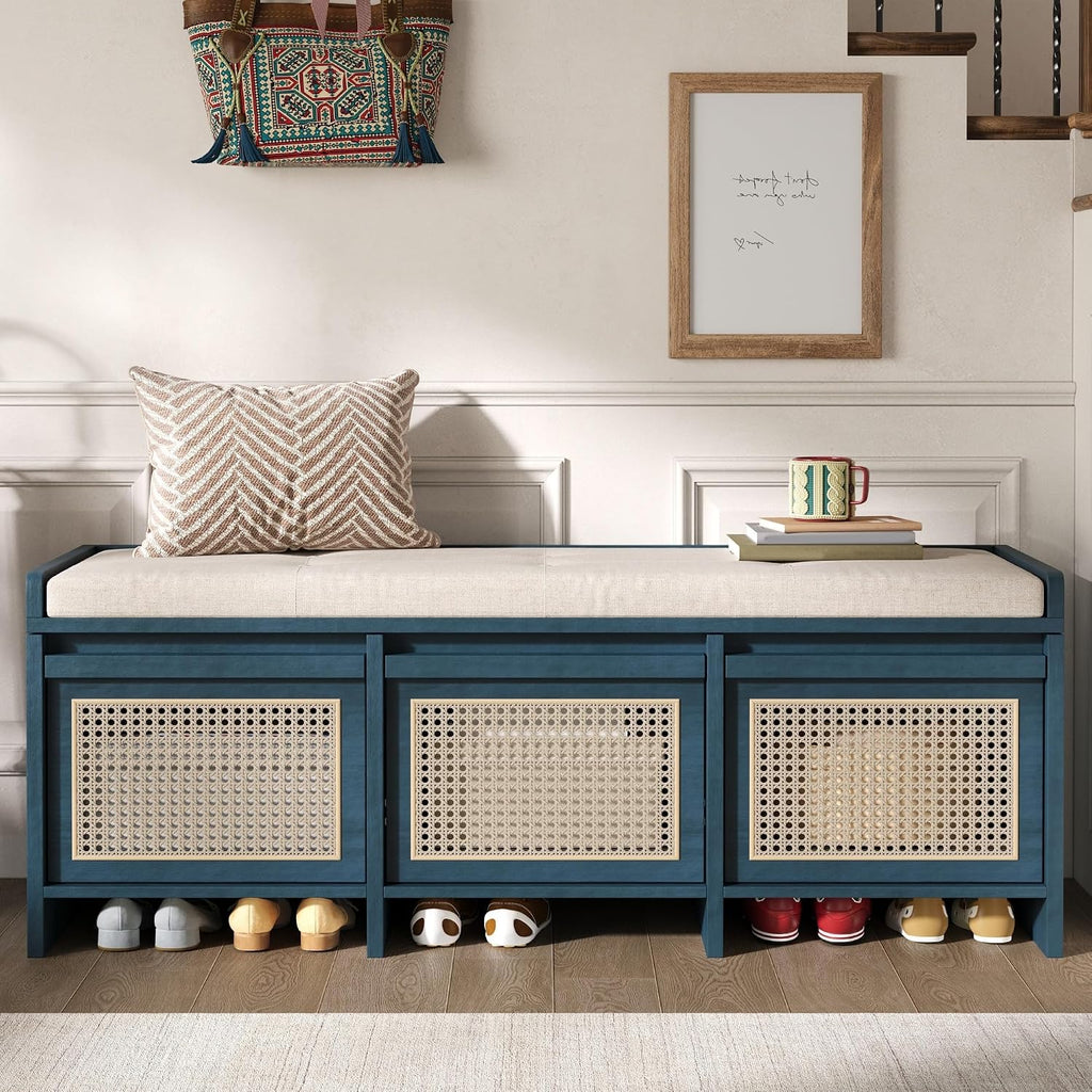 SOFTSEA 48" Shoe Storage Bench with Cushion, 2-Tier Entryway Bench with 3 Rattan Storage Drawers & Lift Top Storage, Retro Shoe Cabinet for Hallway, Bedroom, Living Room, Navy