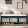 SOFTSEA 48" Shoe Storage Bench with Cushion, 2-Tier Entryway Bench with 3 Rattan Storage Drawers & Lift Top Storage, Retro Shoe Cabinet for Hallway, Bedroom, Living Room, Navy