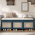 SOFTSEA 48" Shoe Storage Bench with Cushion, 2-Tier Entryway Bench with 3 Rattan Storage Drawers & Lift Top Storage, Retro Shoe Cabinet for Hallway, Bedroom, Living Room, Navy