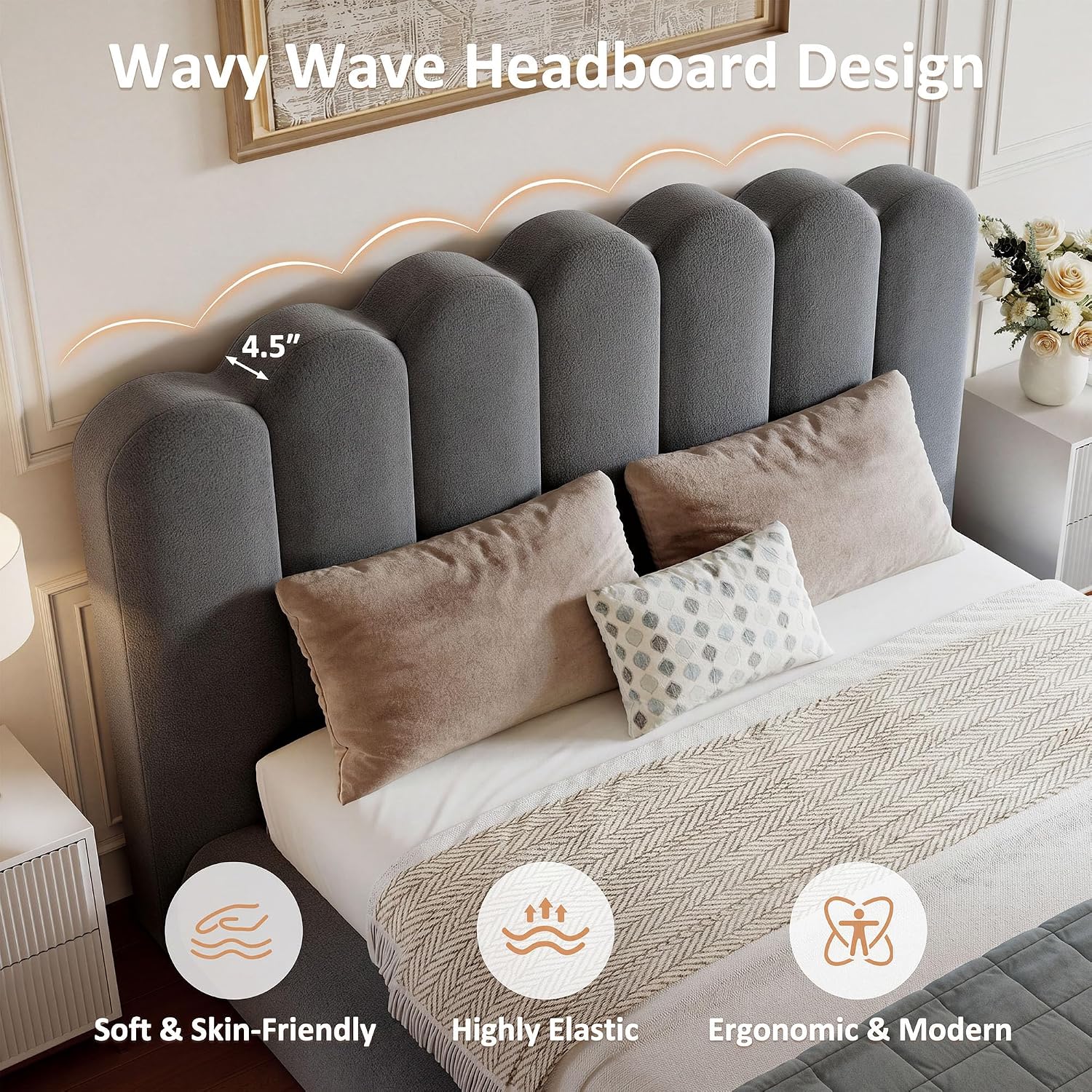 Queen Size Cloud Bed Frame with Wave Headboard, Plush Foam Upholstered Platform, Soft Rounded Safety Corners, No Box Spring Required, Noise-Free, Easy Assembly, Grey