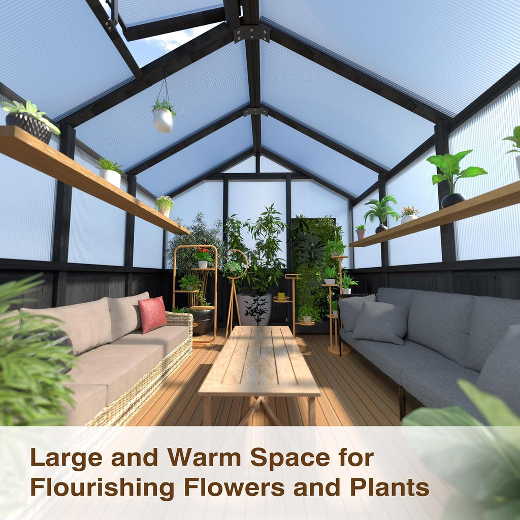 6x12 FT Greenhouse Kit for Outdoor, Thickened Polycarbonate Panel Wooden Walk-in Green House with Lockable Door and Adjustable Roof Vent, Backyard Garden, Black