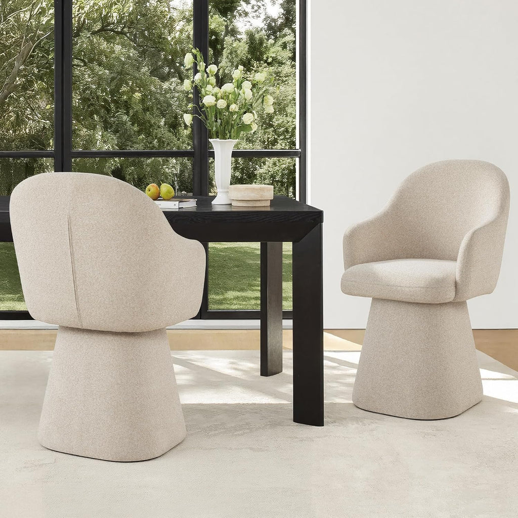 KISLOT Swivel Dining Chairs Set of 4, Upholstered Modern Barrel Dining Chairs with 360° Swivel Base, Chenille Velvet Fabric Accent Kitchen Chairs with Arms, Padded Dining Room Chairs, Sand
