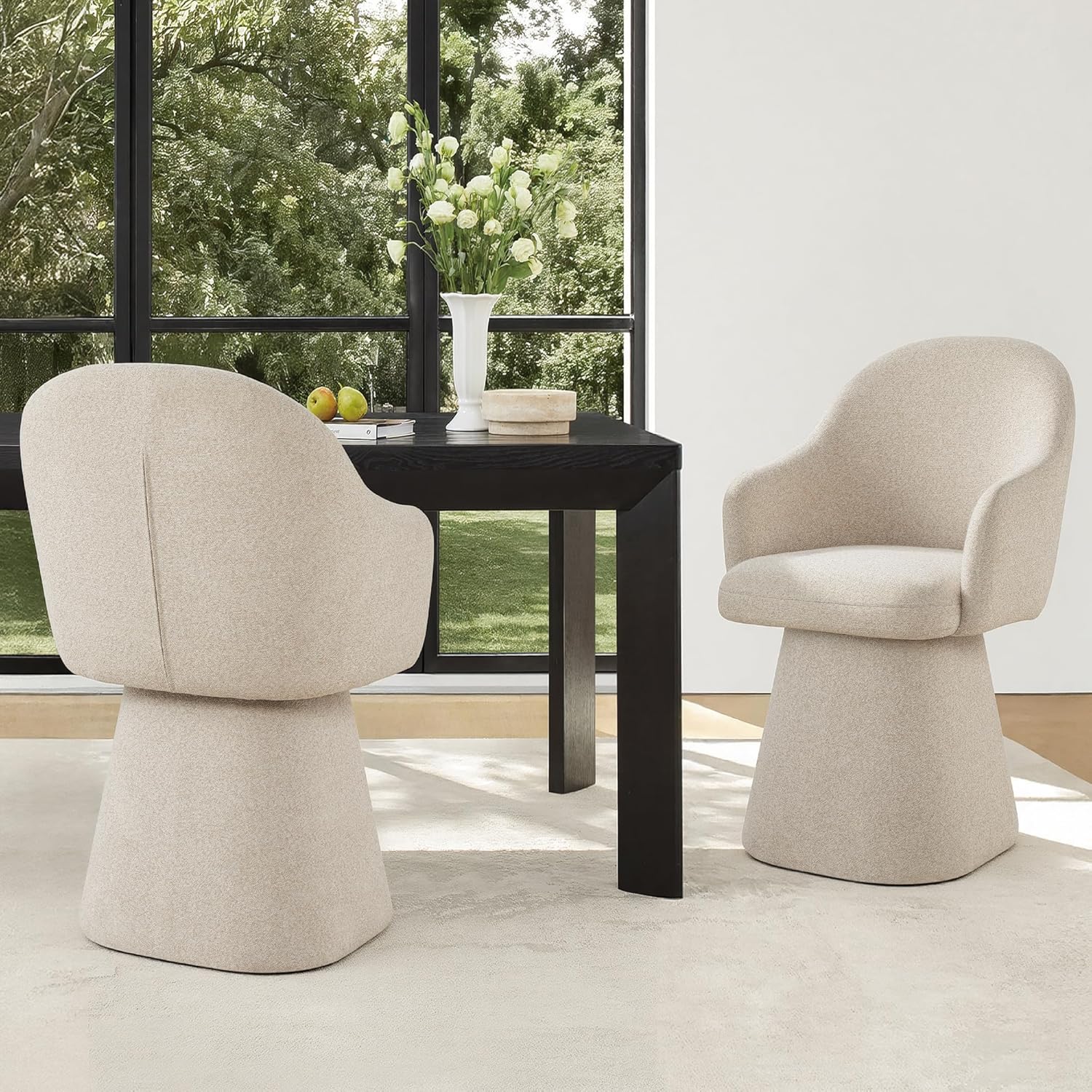 KISLOT Swivel Dining Chairs Set of 4, Upholstered Modern Barrel Dining Chairs with 360° Swivel Base, Chenille Velvet Fabric Accent Kitchen Chairs with Arms, Padded Dining Room Chairs, Sand