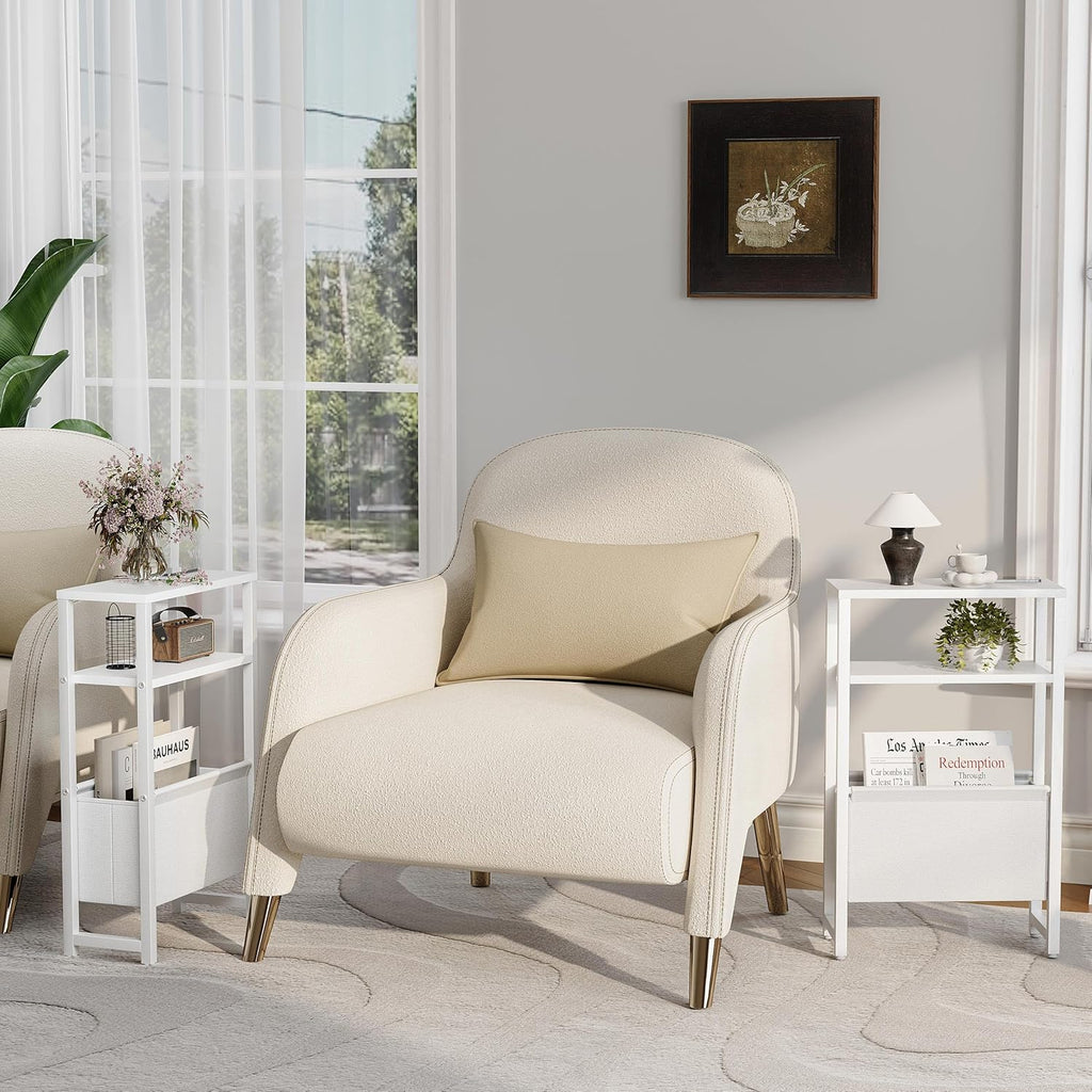 Narrow Side Table, Slim End Table with Magazine Rack, Skinny Bedside Table for Small Spaces, 3 Tier Sofa Couch Table Nightstand for Living Room, Bedroom, White LET503W