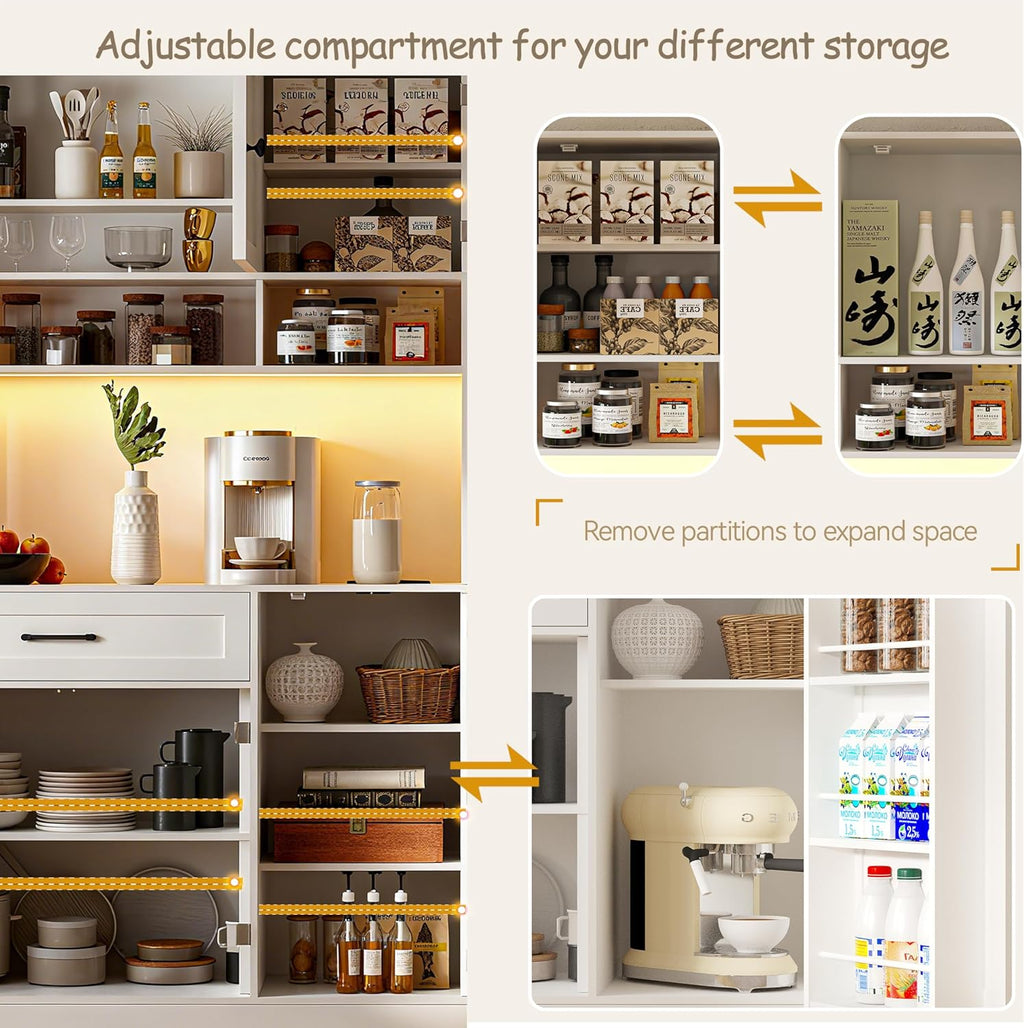 FJTJBSI 72" Kitchen Pantry Cabinet with LED Light and Charging Station Tall Pantry Storage Cabinet with Adjustable Shelves and Door Shelves Modern Kitchen Hutch with Microwave Stand and Countertop