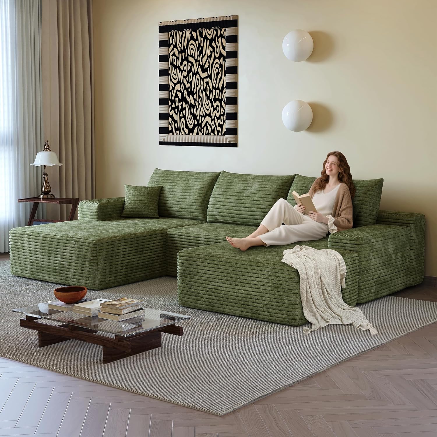37.4 Inch Oversized Ottoman for Couch, Corduroy Upholstered Footrest with Compressed Memory Foam, Modular Sectional Cloud Pouf, No Assembly Required, DIY Combination, Green