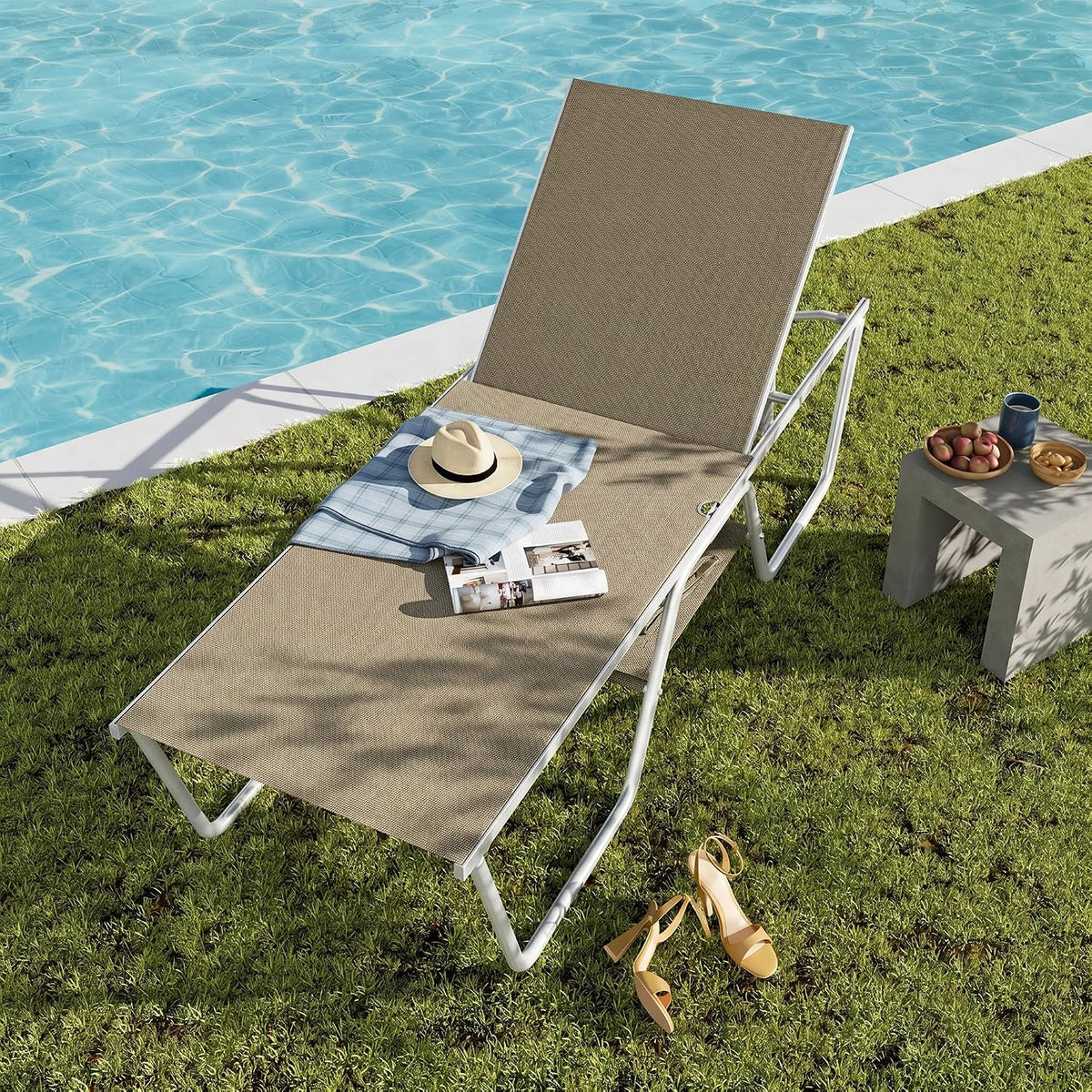 PHI VILLA 78" Oversized Outdoor Chaise Lounge Chair, 27" Extra Wide, 5-Position Adjustable, UV50+ Textilene Mesh, Rust-Proof Frame, Brown