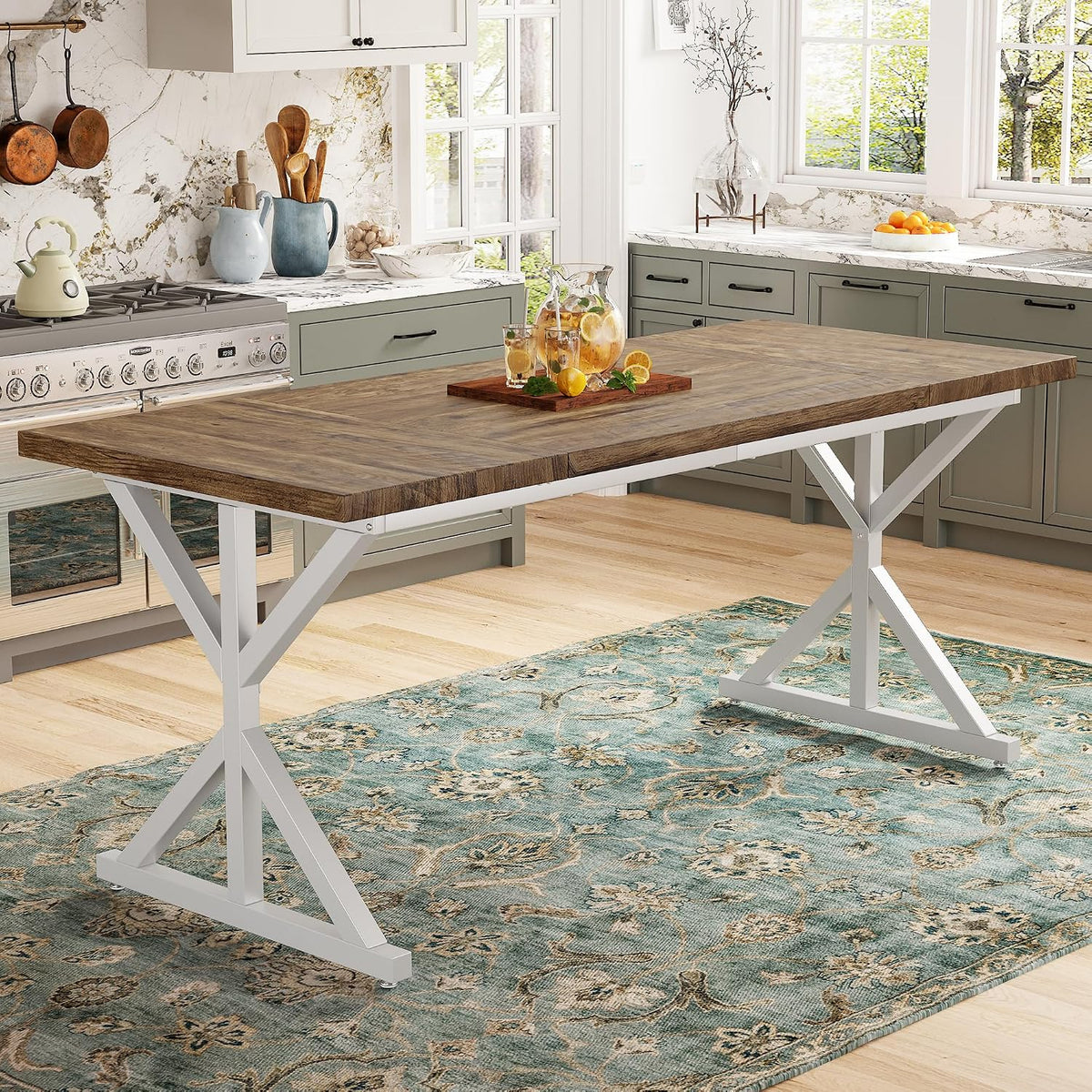 70.8 Inch Rectangular Dining Table for 6-8 People, Farmhouse Kitchen Table with Metal Base & Solid Wood Top, Easy Assembly, Water-Resistant, for Dining Room & Kitchen, Natural & White