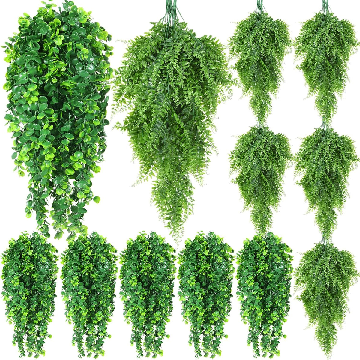 Hoteam 12 Pcs Artificial Hanging Plants 32 Inch Fake Ivy Vines with Fake Leaves Patio Artificial Plants Greenery for Living Room Indoor Outdoor Wall, No Basket (Eucalyptus,Persian Grass)