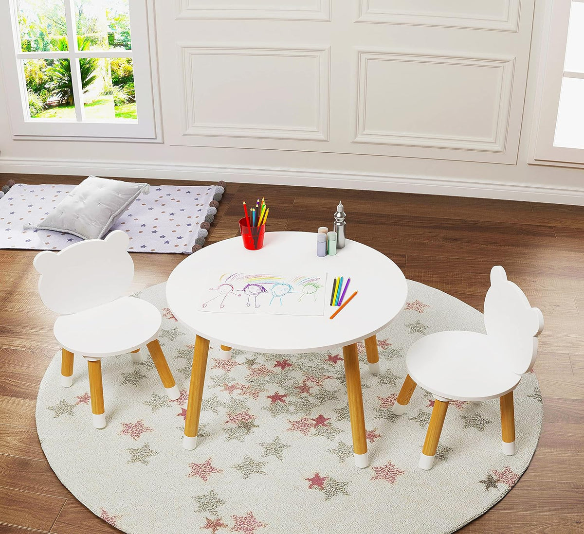 UTEX Kids Wood Table and Chair Set and Kids Sling Bookshelf