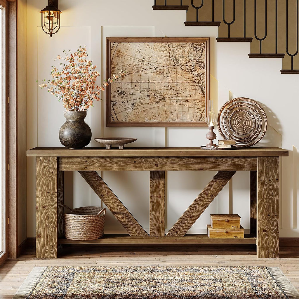Solid Wood Sofa Table, 70.9 Inches Extra Long Console Table with 2 Tiers Storage Shelves, Rustic Entryway Table Behind Couch Table for Living Room, Hallway, Foyer, Brown