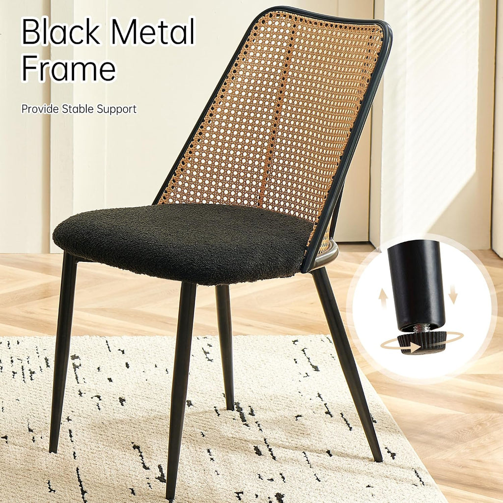 NORDICANA Rattan Dining Chairs Set of 2, Mid Century Kitchen Dining Room Side Chairs with Upholstered Cushion, Black