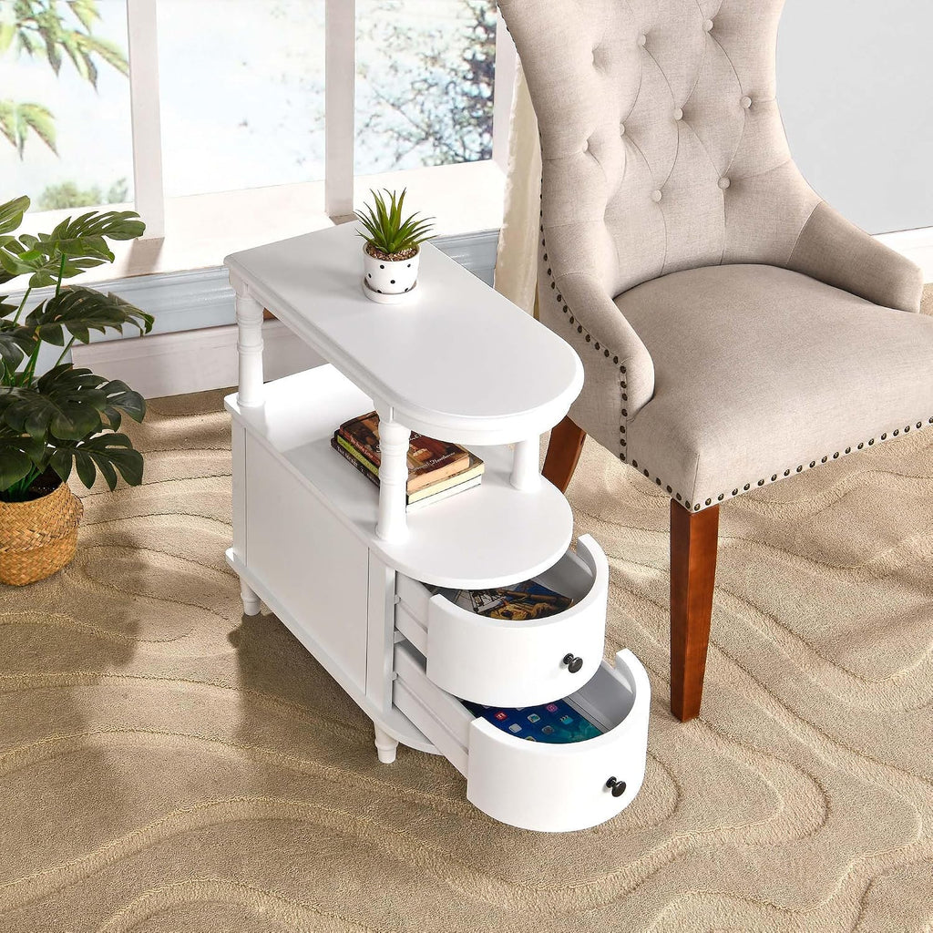 PADMA HOUSE Solid Wood End Table with 2 Drawers, Narrow Sofa Side Table Slim Chair Side Table with Storage Shelf, Vintage Slim Nightstand Bedside Table, White，BG-A508-WT