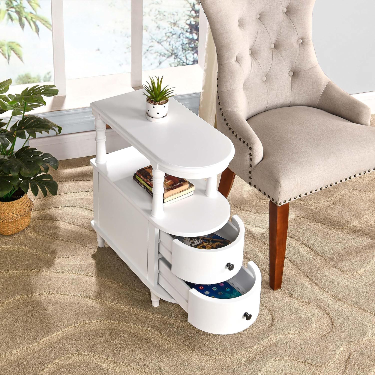 PADMA HOUSE Solid Wood End Table with 2 Drawers, Narrow Sofa Side Table Slim Chair Side Table with Storage Shelf, Vintage Slim Nightstand Bedside Table, White，BG-A508-WT