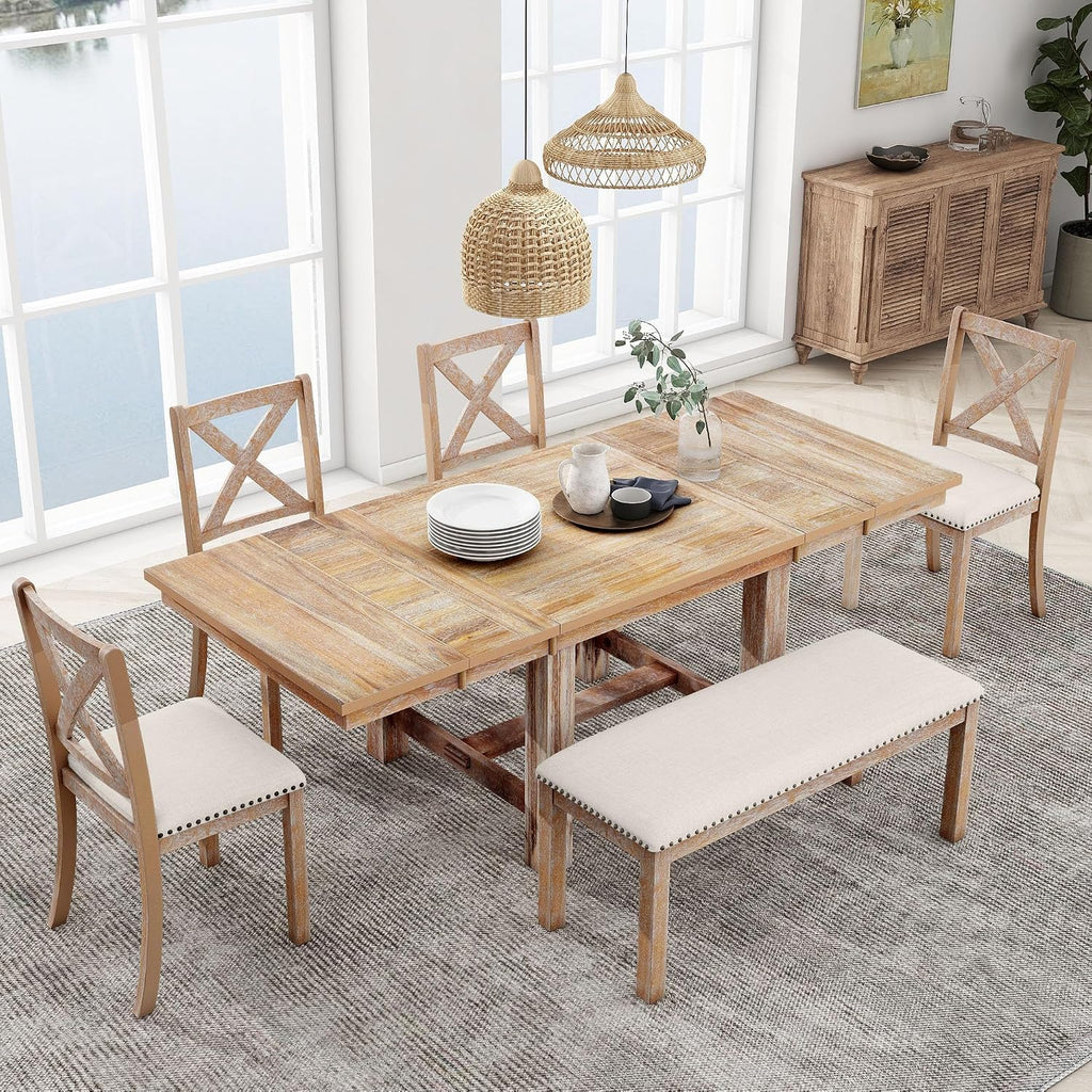 Merax 6-Piece Farmhouse Dining Table with Upholstered Chairs and Bench, Extendable Dining Table with Footrest and Two 11" Removable Leaf, Natural+Beige
