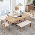 Merax 6-Piece Farmhouse Dining Table with Upholstered Chairs and Bench, Extendable Dining Table with Footrest and Two 11" Removable Leaf, Natural+Beige