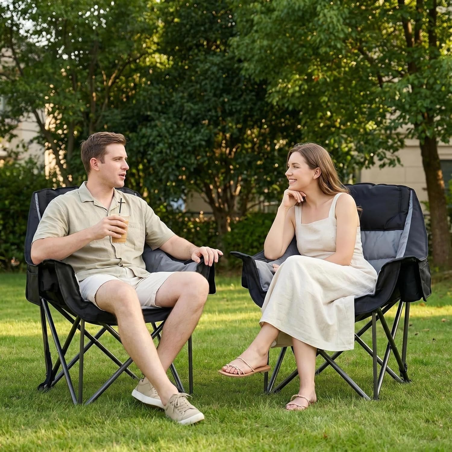 Oversized Heavy Duty Camping Chair for Adults, 500 lbs Capacity Padded Folding Chair with Side Cooler Bag, Cup Holder & Storage Pockets, Portable Lawn Chair for Fishing, Beach, Picnic & Sports-2PCS