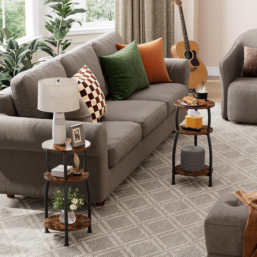 Small Round Side Table for Small Spaces, 3-Tier End Table with Storage Shelf, Slim Night Stand Sofa Corner Table for Living Room Bedroom, Patio and Corner, Rustic Brown
