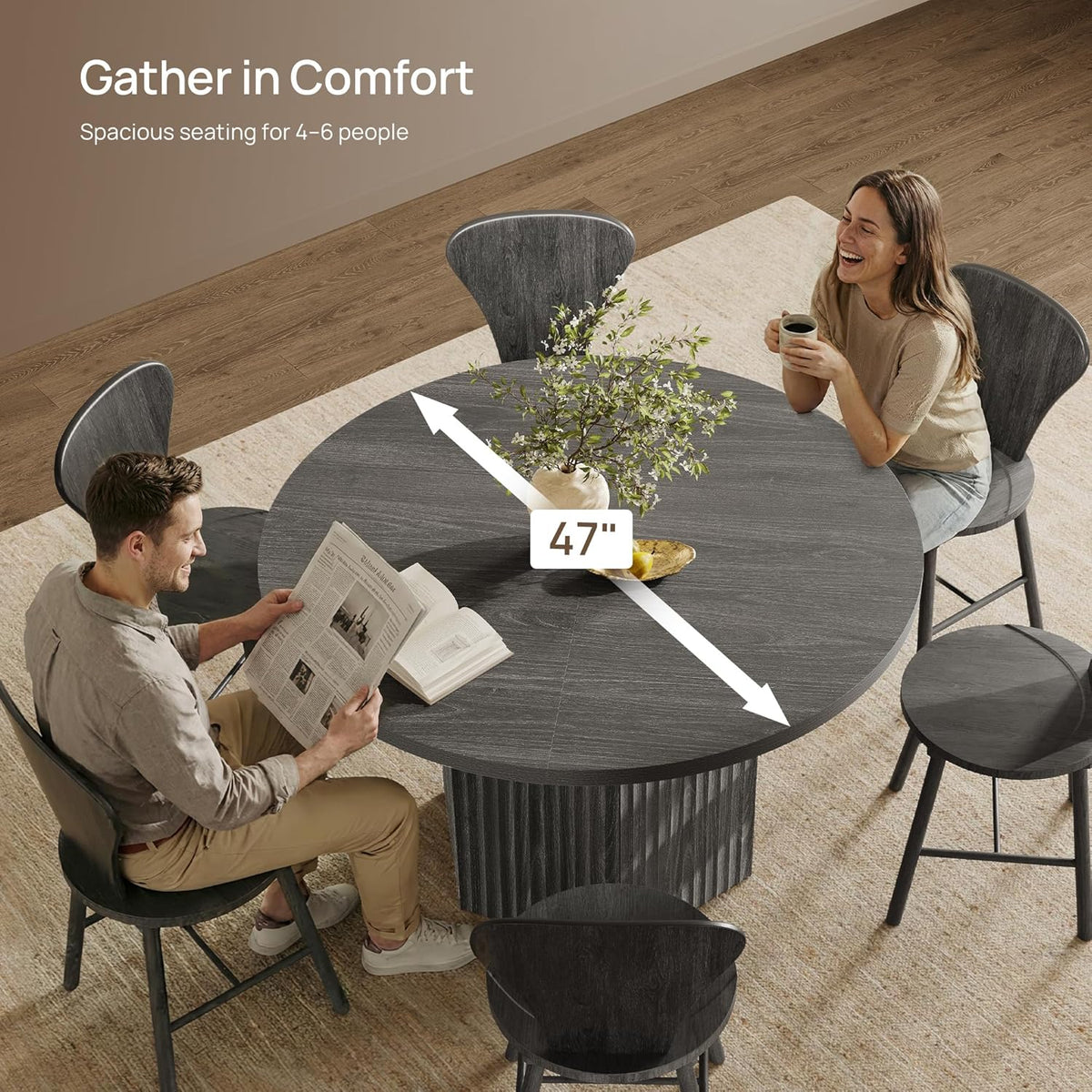 SICOTAS Round Dining Table for 4 6 People 47" Fluted Kitchen Dinner Table Modern Wooden Circle Dining Room Table with Sturdy Base for Dining Room Kitchen Living Room, Dark Grey Alder