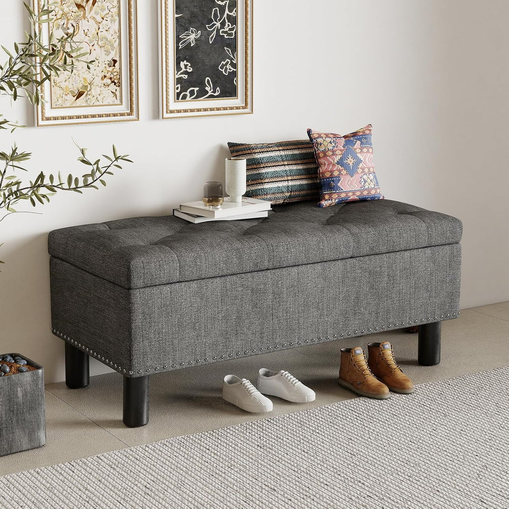 Furniliving 42" Ottoman with Storage, End of Bed Bench with Button-Tufted Large Upholstered Ottoman Entryway Bench Storage Bench for Bedroom, Living Room, Linen, Grey