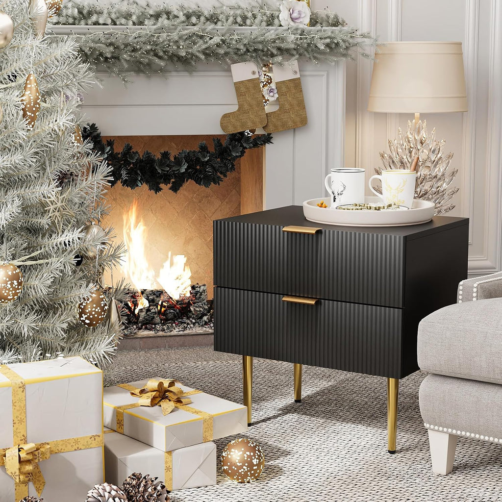 Modern Fluted Nightstand, Black Night Stand with Golden Handles and Metal Legs, Wooden Bedside Table with 2 Drawers for Bedroom Living Room