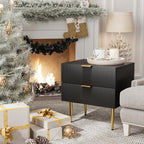 Modern Fluted Nightstand, Black Night Stand with Golden Handles and Metal Legs, Wooden Bedside Table with 2 Drawers for Bedroom Living Room