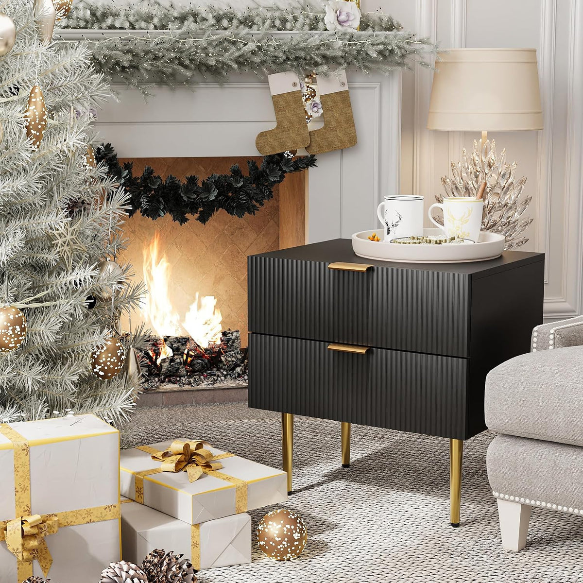 Modern Fluted Nightstand, Black Night Stand with Golden Handles and Metal Legs, Wooden Bedside Table with 2 Drawers for Bedroom Living Room