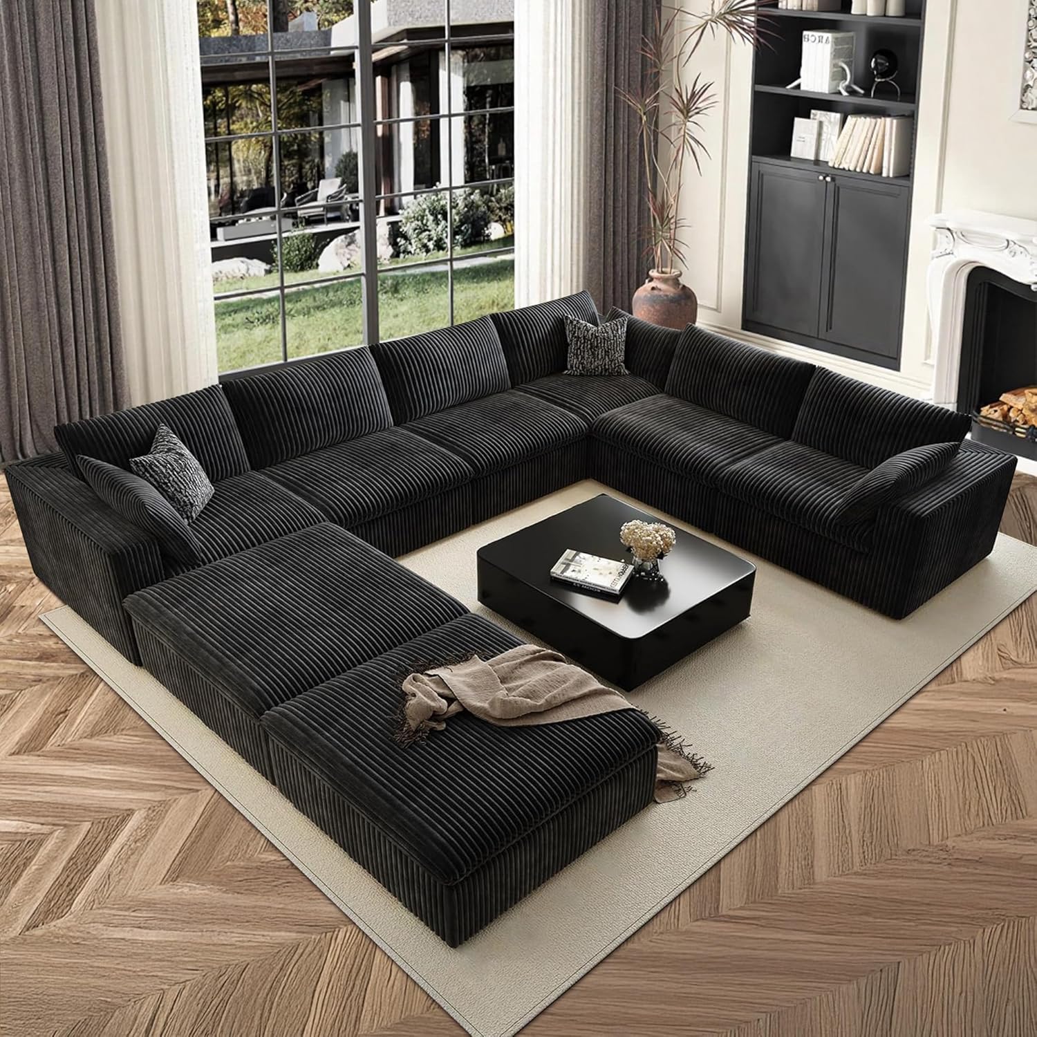 157.6" Cloud Couch Oversized Modular Sectional Sofa, U-Shaped 8 Seater Deep Seat Couch with Ottoman, Soft Corduroy Upholstery, DIY Combination for Living Room, No Assembly Required, Black