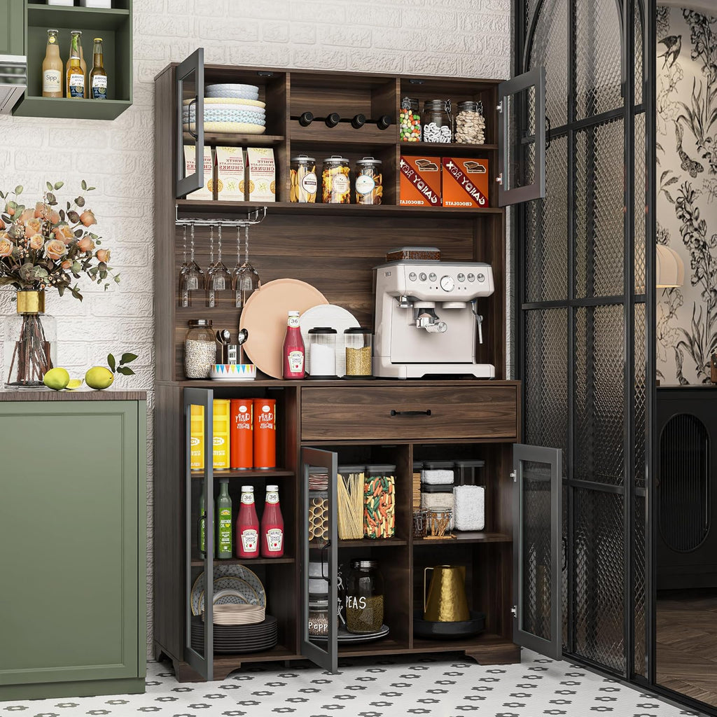 Fatmok 71" Tall Pantry Cabinet with Glass Doors, Kitchen Hutch Storage Cabinet, Coffee Bar & Liquor Cabinet with Charging Station & LED Lights, Wine Rack, Adjustable Shelves＆Large Drawer, Brown