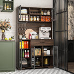 Fatmok 71" Tall Pantry Cabinet with Glass Doors, Kitchen Hutch Storage Cabinet, Coffee Bar & Liquor Cabinet with Charging Station & LED Lights, Wine Rack, Adjustable Shelves＆Large Drawer, Brown