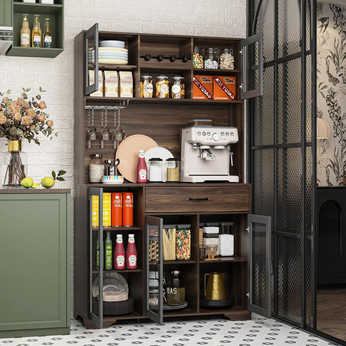 Fatmok 71" Tall Pantry Cabinet with Glass Doors, Kitchen Hutch Storage Cabinet, Coffee Bar & Liquor Cabinet with Charging Station & LED Lights, Wine Rack, Adjustable Shelves＆Large Drawer, Brown