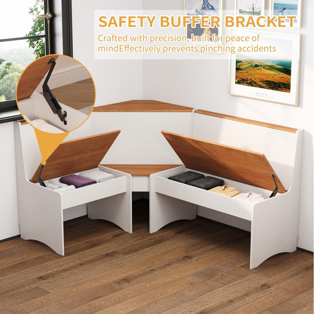 Farmhouse Breakfast Nook Table Set, Dining Nook Set with Corner Bench,with Storage Function Mid Century Modern Small Dining Table Set, Kitchen Table Corner Set (White + Natural)