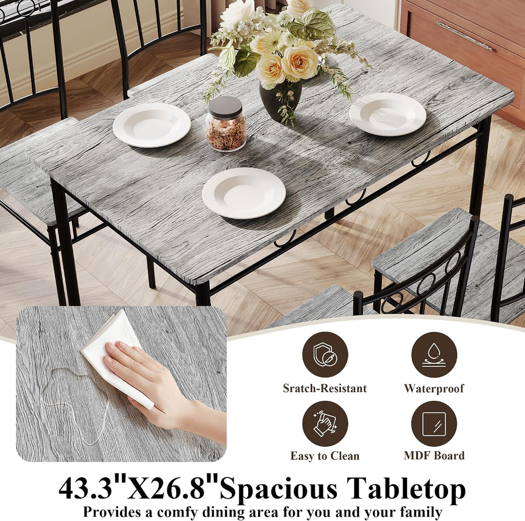 5 Piece Dining Table Set, Modern Metal&Wood Kitchen Dinner Table with 4 Chairs, Dining Room Table Sets for Small Spaces, Gray