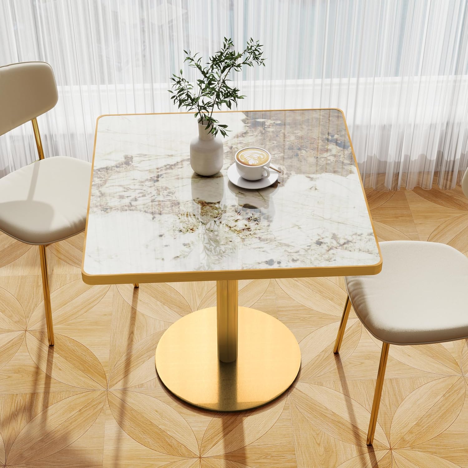 31.5" Square Dining Table, Square Restaurant Table with 1.2" Thick Sintered Stone Tabletop and Golden Metal Pedestal Base, Bistro Table for Diner, Bar, kitchen, Bakery, Apartment (Marble Patterns)