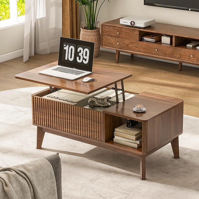 LYNCOHOME Fluted Lift Top Coffee Table with Hidden Compartment, Modern Center Table for Living Room, Home Office（Walnut）