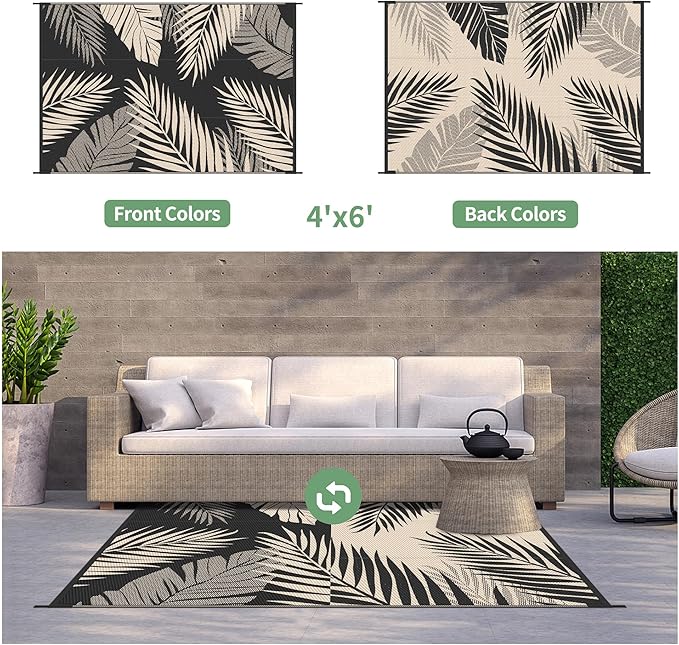 GENIMO Outdoor Rug 4' x 6' Waterproof for Patios Clearance, Reversible Outdoor Plastic Straw Camping Rug Carpet, Large Area Rugs Mats for RV, Camper, Deck, Balcony, Porch, Beach, Picnic, Black&Beige
